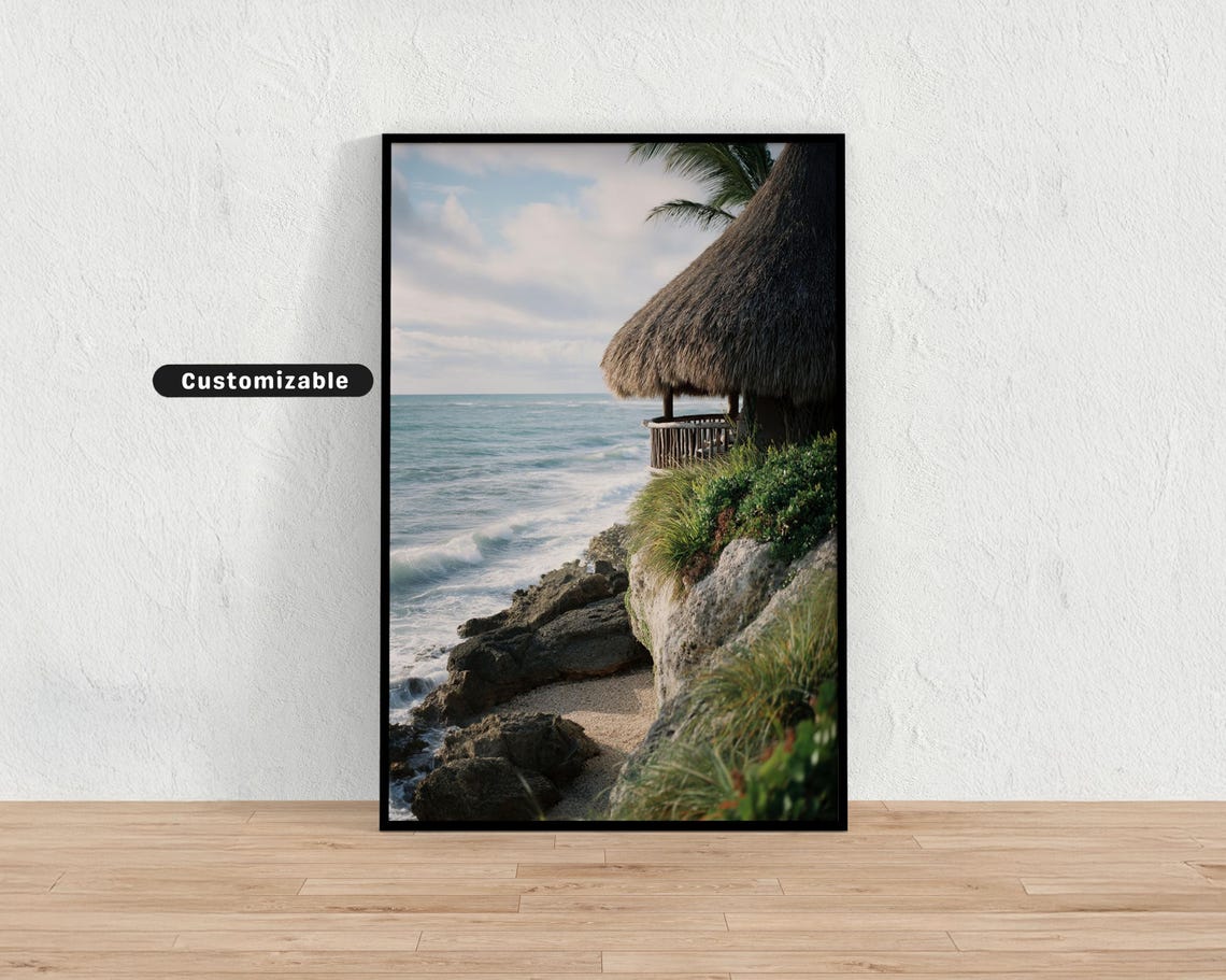 Rustic Thatched Beach Hut Rocky Cliff Ocean View Photography Print