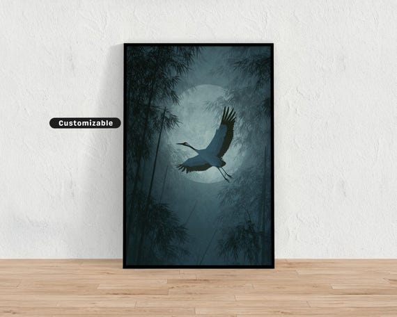 Japanese Crane Flying Over Moonlit Bamboo Forest Wall Art Print Zen Asian Decor