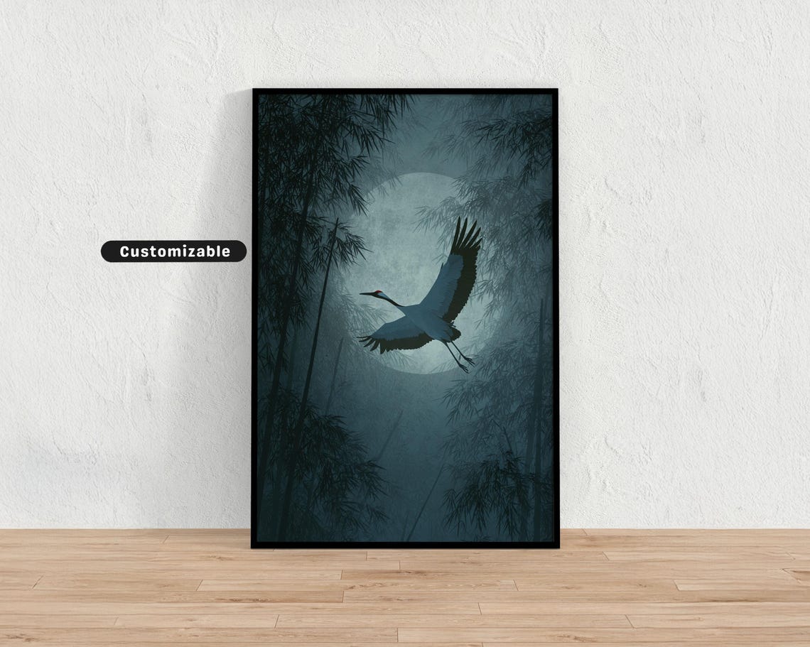 Japanese Crane Flying Over Moonlit Bamboo Forest Wall Art Print Zen Asian Decor