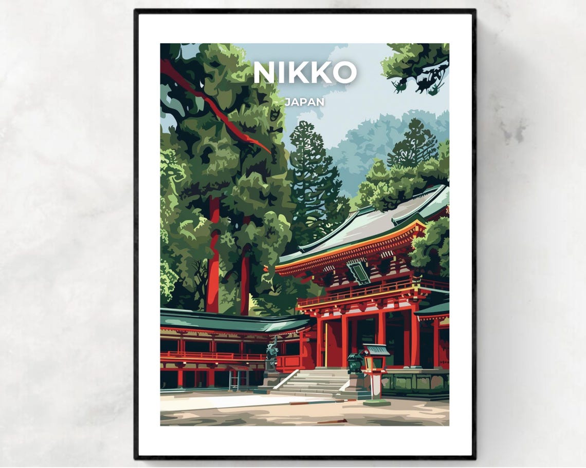 Nikko Japan Toshogu Red Shrine Cedar Forest Temple Travel Poster