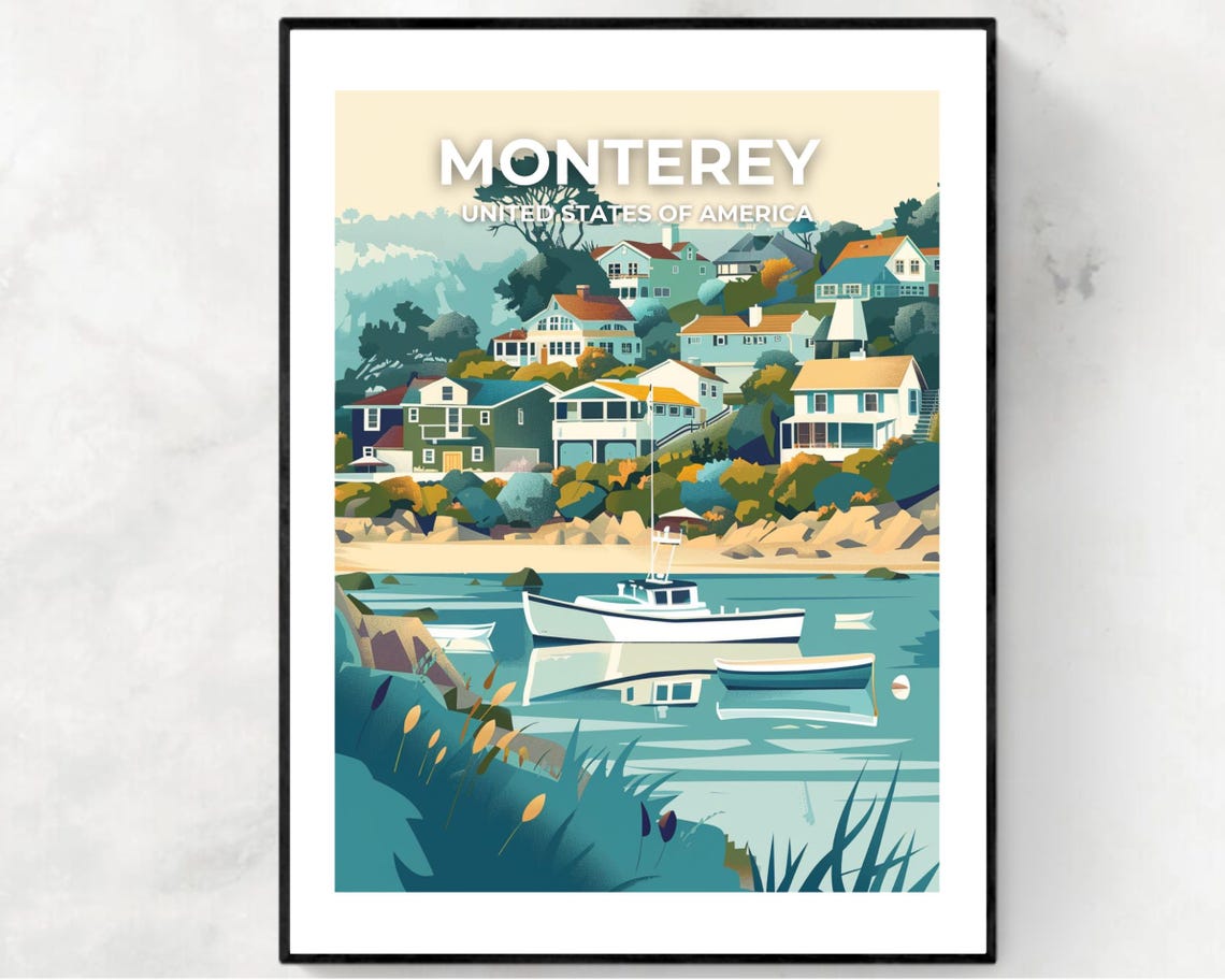 Monterey California Coastal Village Harbor Vintage Travel Poster