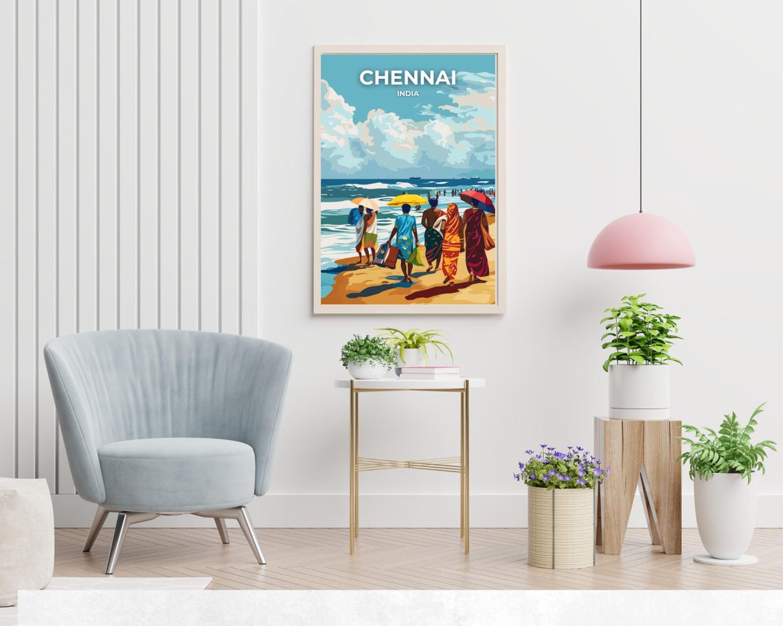 Chennai India Marina Beach Umbrellas Crowded Shore Travel Poster - Image 2