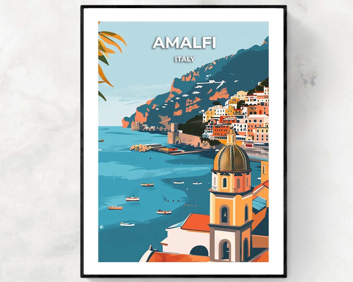 Amalfi Italy Coast Cathedral Tower Boats Retro Travel Poster