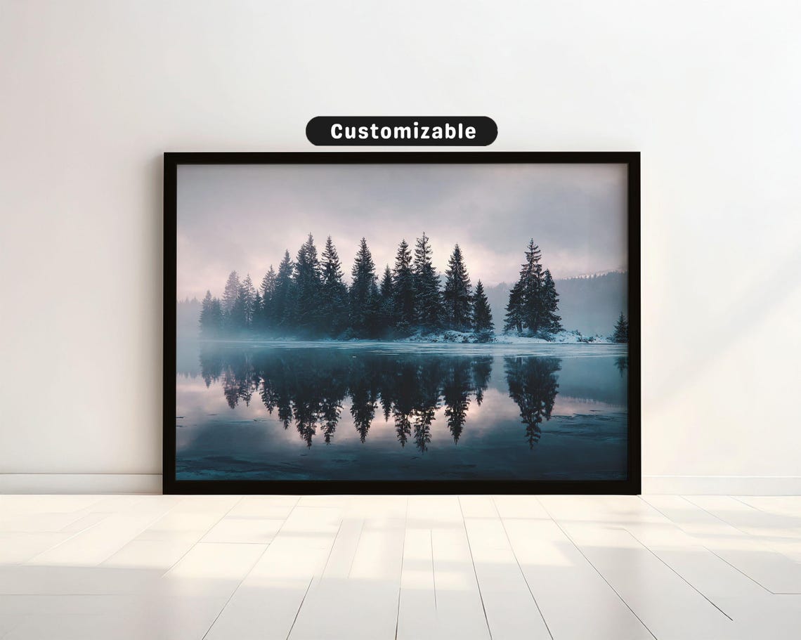 Frozen Lake Misty Pines Mirror Reflections Winter Photo Poster
