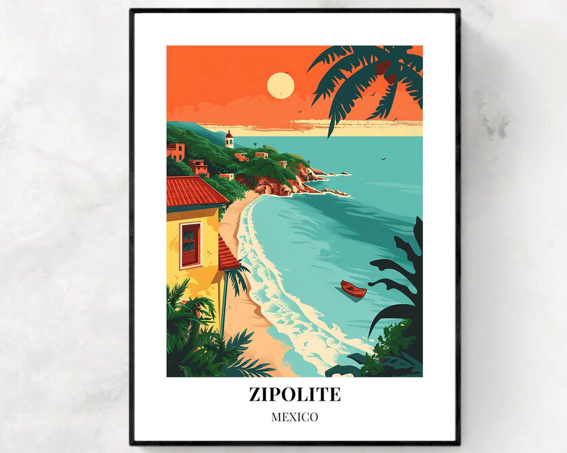 Zipolite Beach Sunset with Palms and Boat Mexico Travel Poster