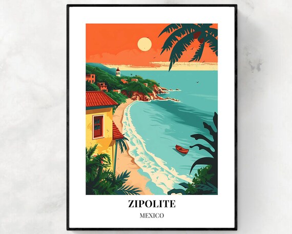 Zipolite Beach Sunset with Palms and Boat Mexico Travel Poster