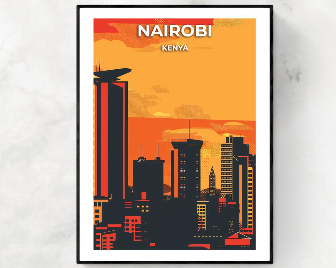 Nairobi Skyline In Fiery Orange Sunset Sky Kenya Travel Poster