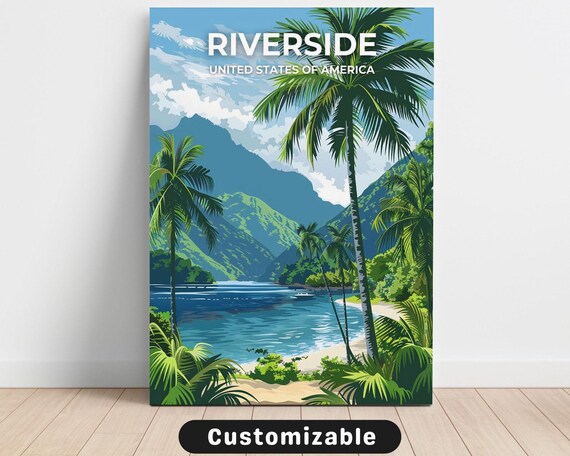 Riverside Palm Bay Tropical Vintage Travel Poster Mountains Cove Artwork