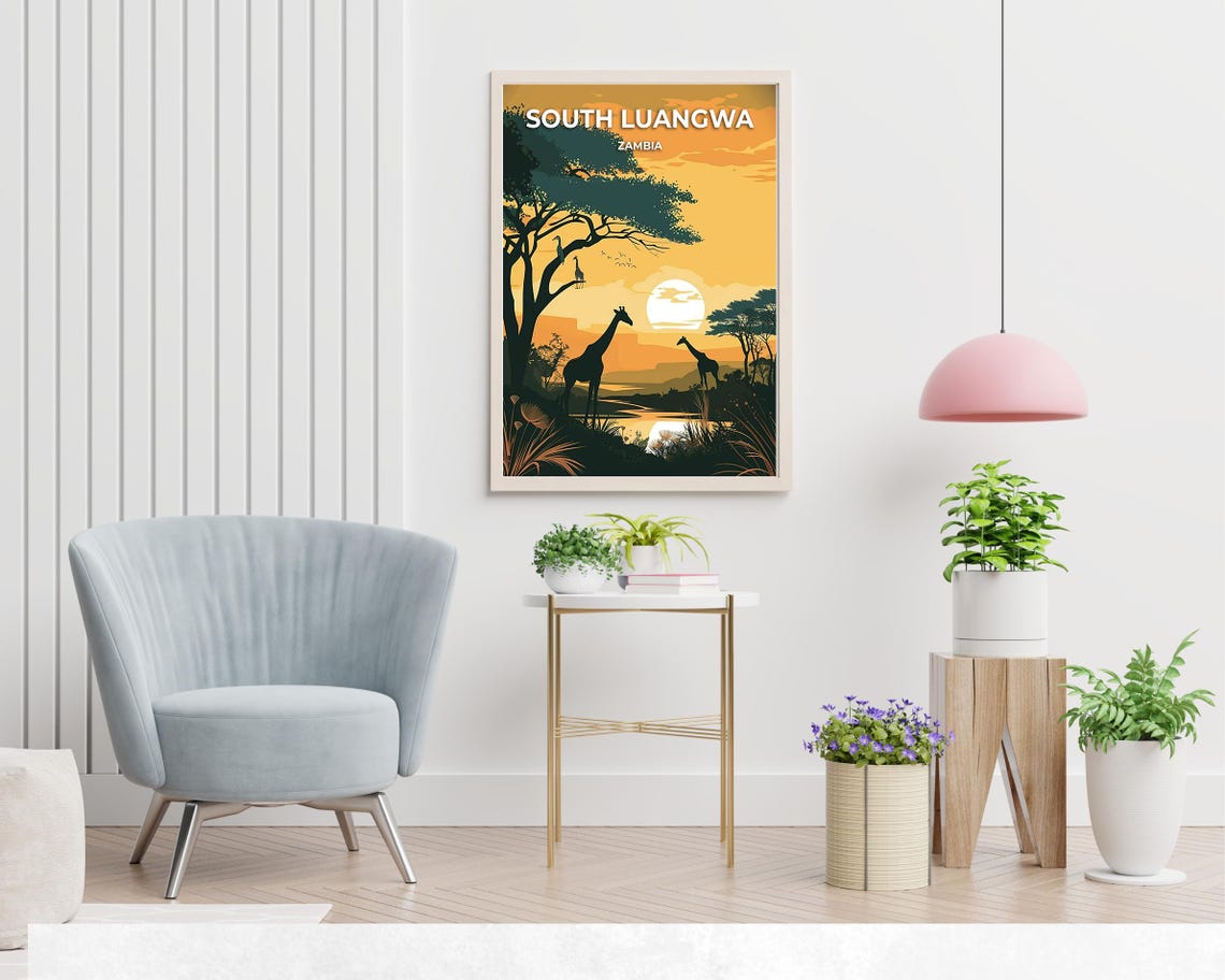 South Luangwa Zambia Giraffe Silhouettes Sunset Water Poster - Image 2
