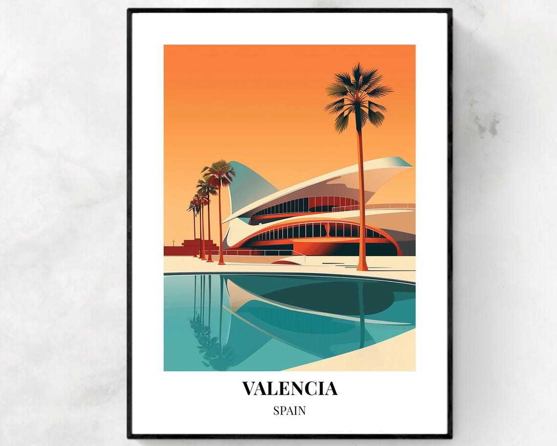 Valencia Spain Sunset Palm Pavilion Reflecting Pool Poster Art