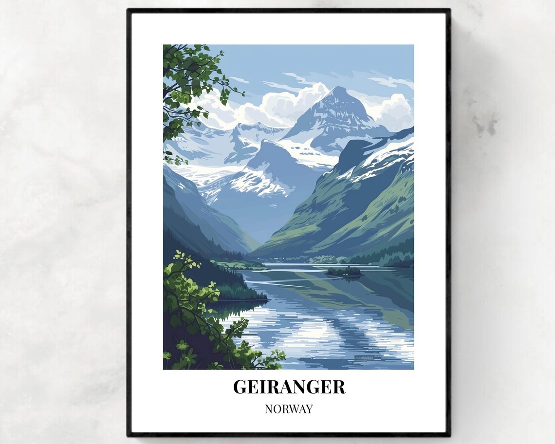 Geiranger Norway Fjord With Snowy Peaks Vintage Travel Poster Art