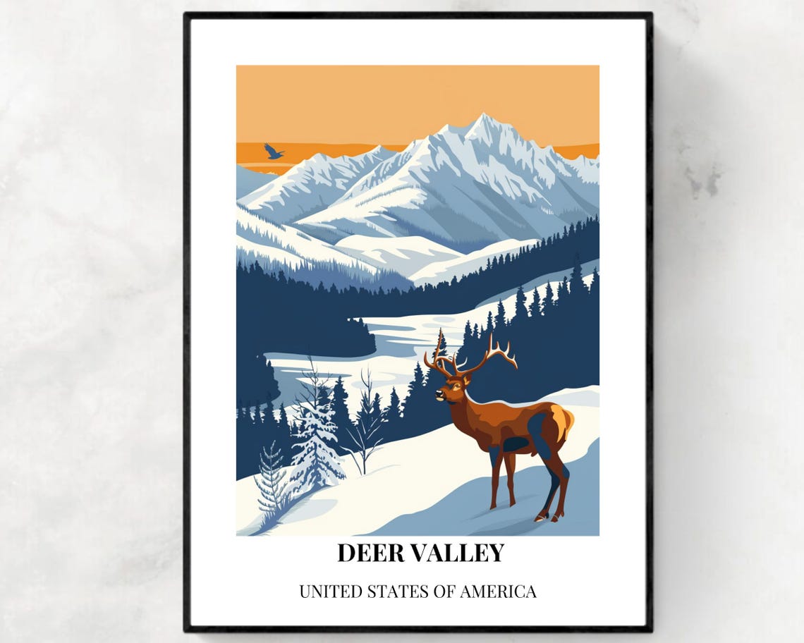 Deer Valley Utah Majestic Elk Alpine Snow Scene Vintage Travel Poster