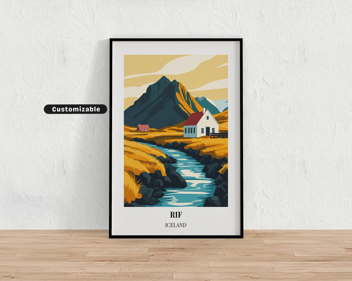 Rif Iceland Farmhouse Mountain Stream Golden Meadow Travel Poster