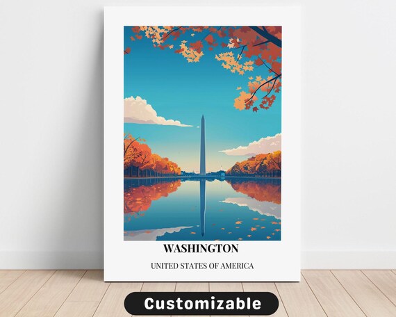 Washington DC Autumn Monument Reflecting Pool Vintage Travel Poster