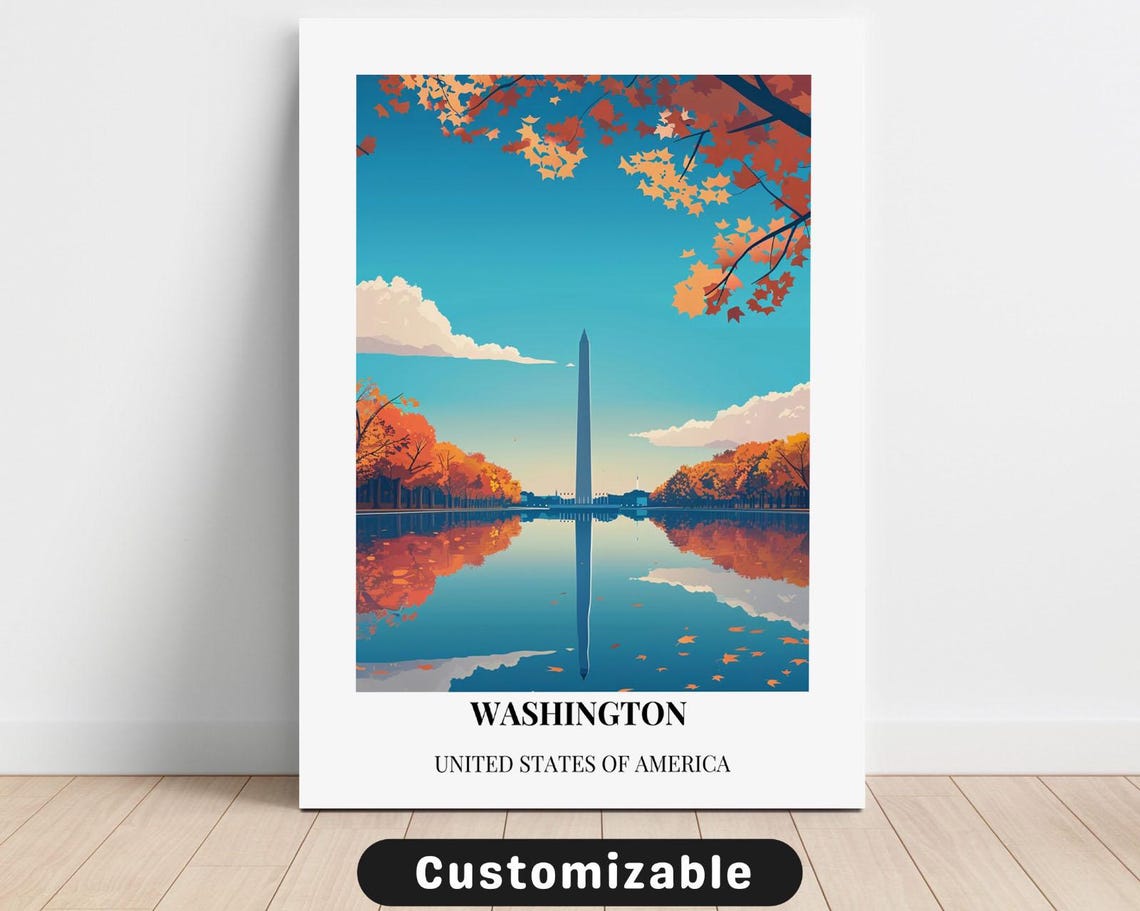Washington DC Autumn Monument Reflecting Pool Vintage Travel Poster