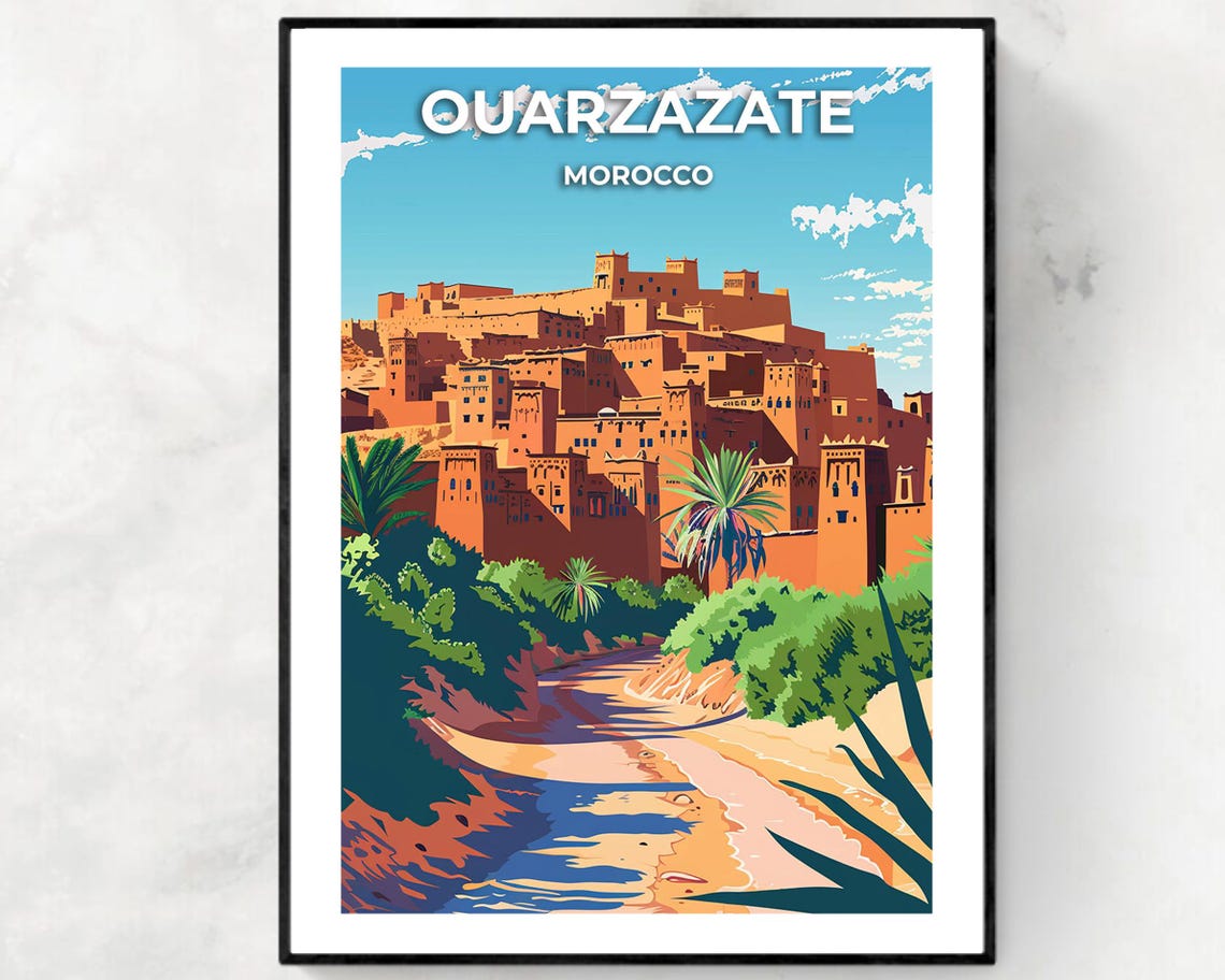 Ouarzazate Morocco Kasbah River Palms Golden Light Travel Poster