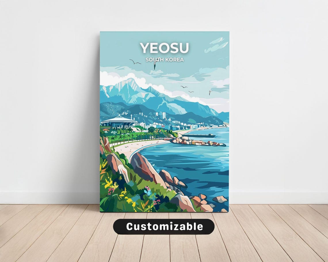 Yeosu South Korea Coastal Beach Illustration Custom Travel Poster