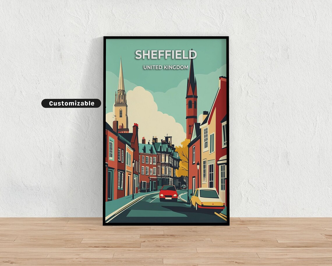 Sheffield United Kingdom Church Towers Street Scene Travel Poster