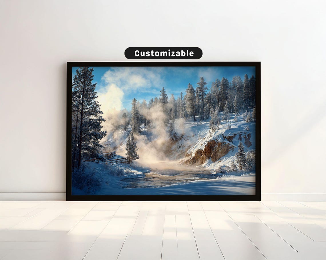 Winter Hot Spring Steam Rising Through Snowy Pine Forest Poster