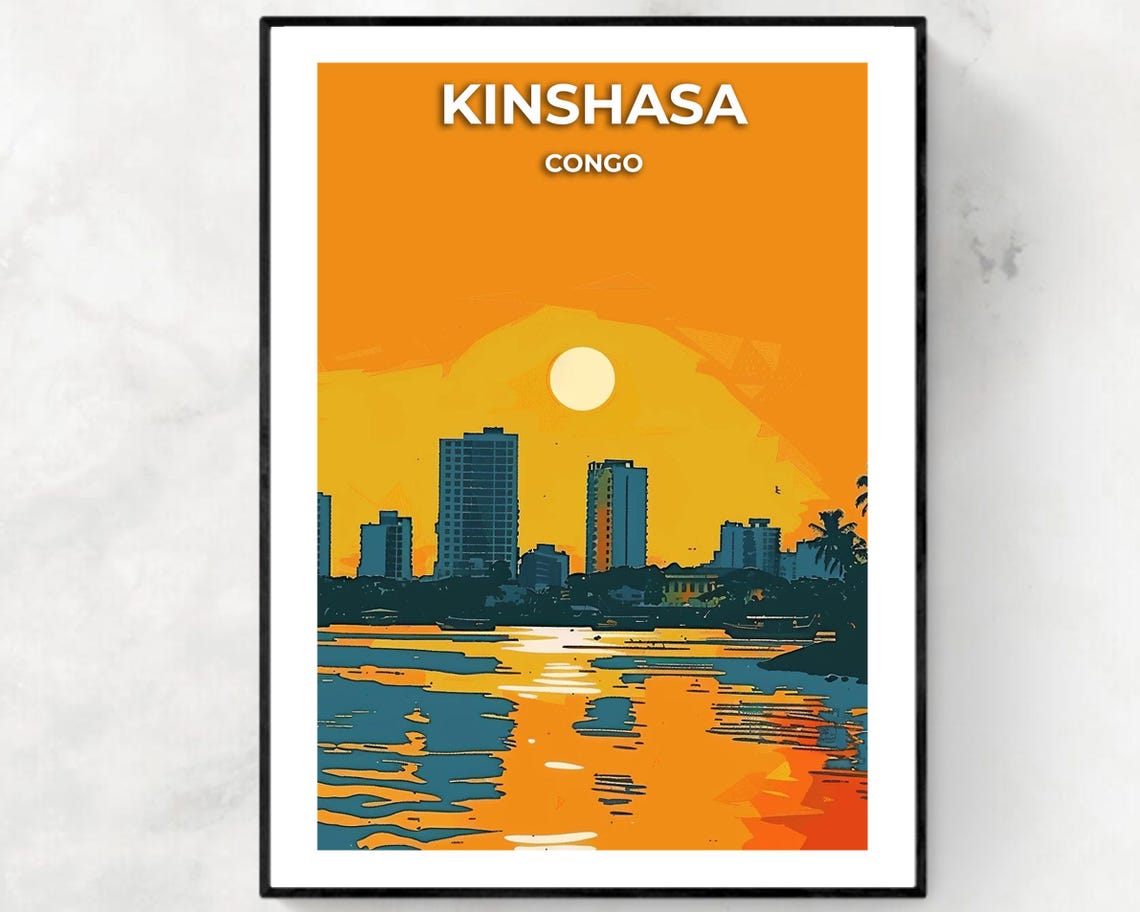 Kinshasa Congo Sunset City Skyline Over River Water Travel Poster