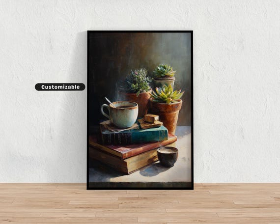 Still Life With Coffee Books Plants Cozy Wall Art Modern Eclectic Decor