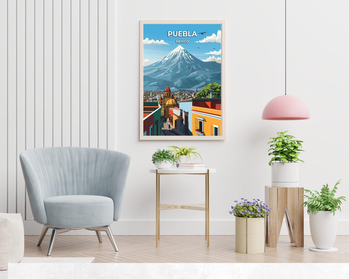Puebla Mexico Snow Capped Volcano City Panorama Travel Poster - Image 2
