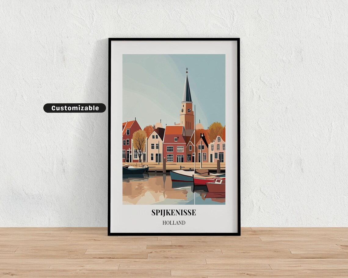 Spijkenisse Holland Harbor Boats Church Spire Retro Travel Poster