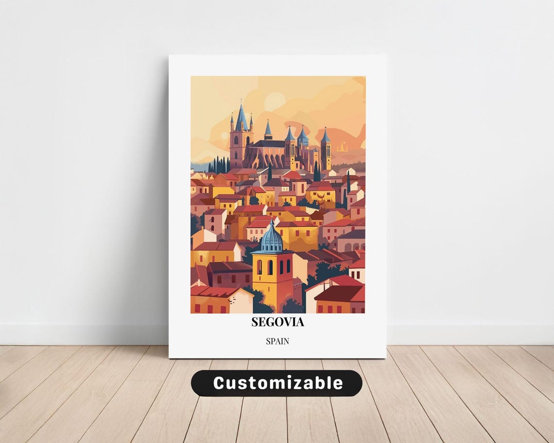 Segovia Spain Travel Poster Golden Cathedral Old Town Illustration Art