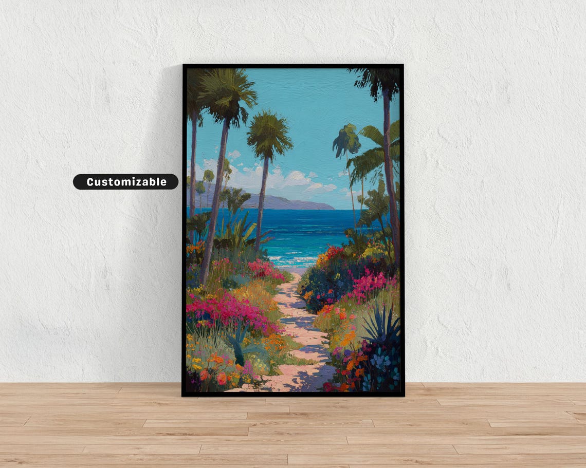 Tropical Beach Path With Colorful Flowers And Palms Coastal Poster
