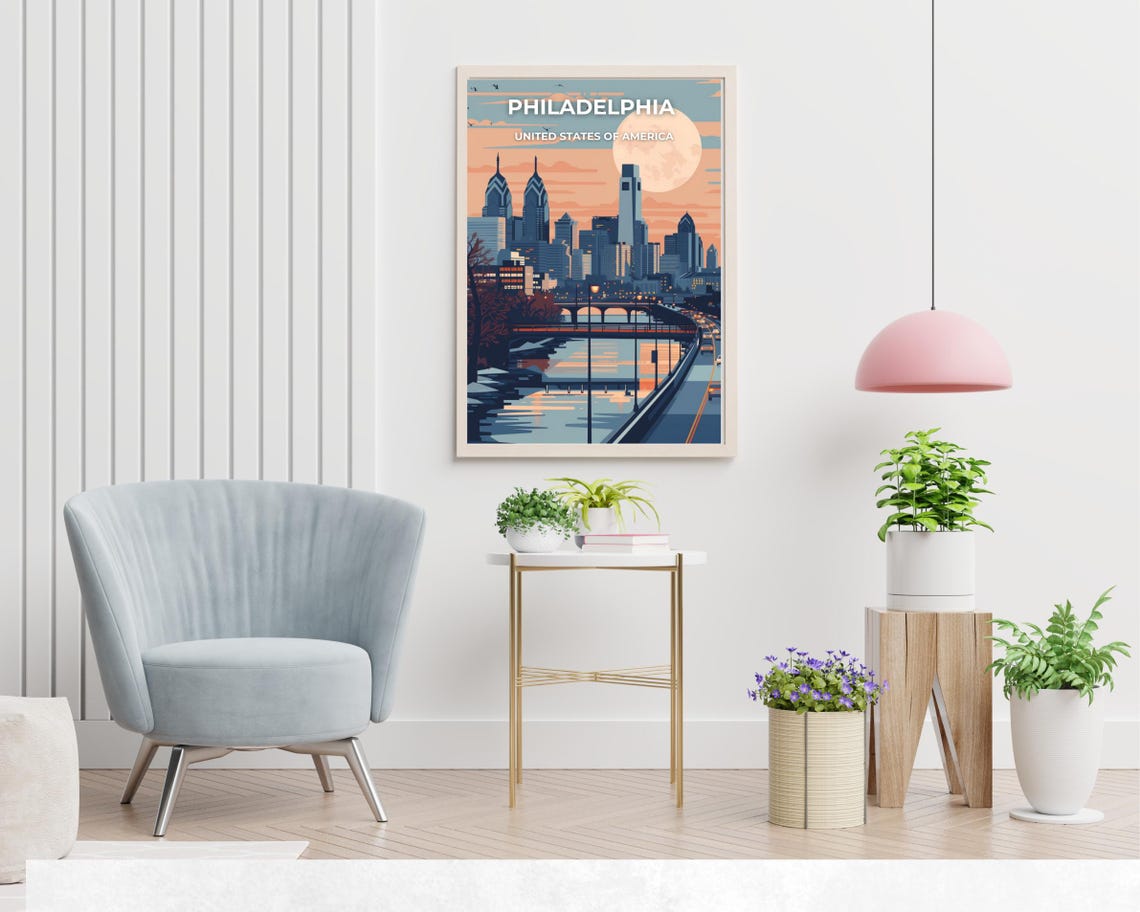 Philadelphia Pennsylvania Dusk Skyline Full Moon River Travel Poster - Image 2