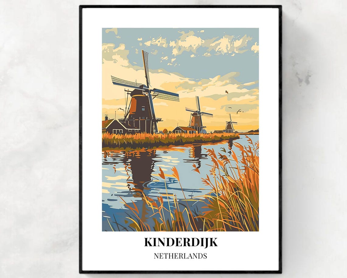 Kinderdijk Netherlands Windmills Sunset Canal Reflections Poster