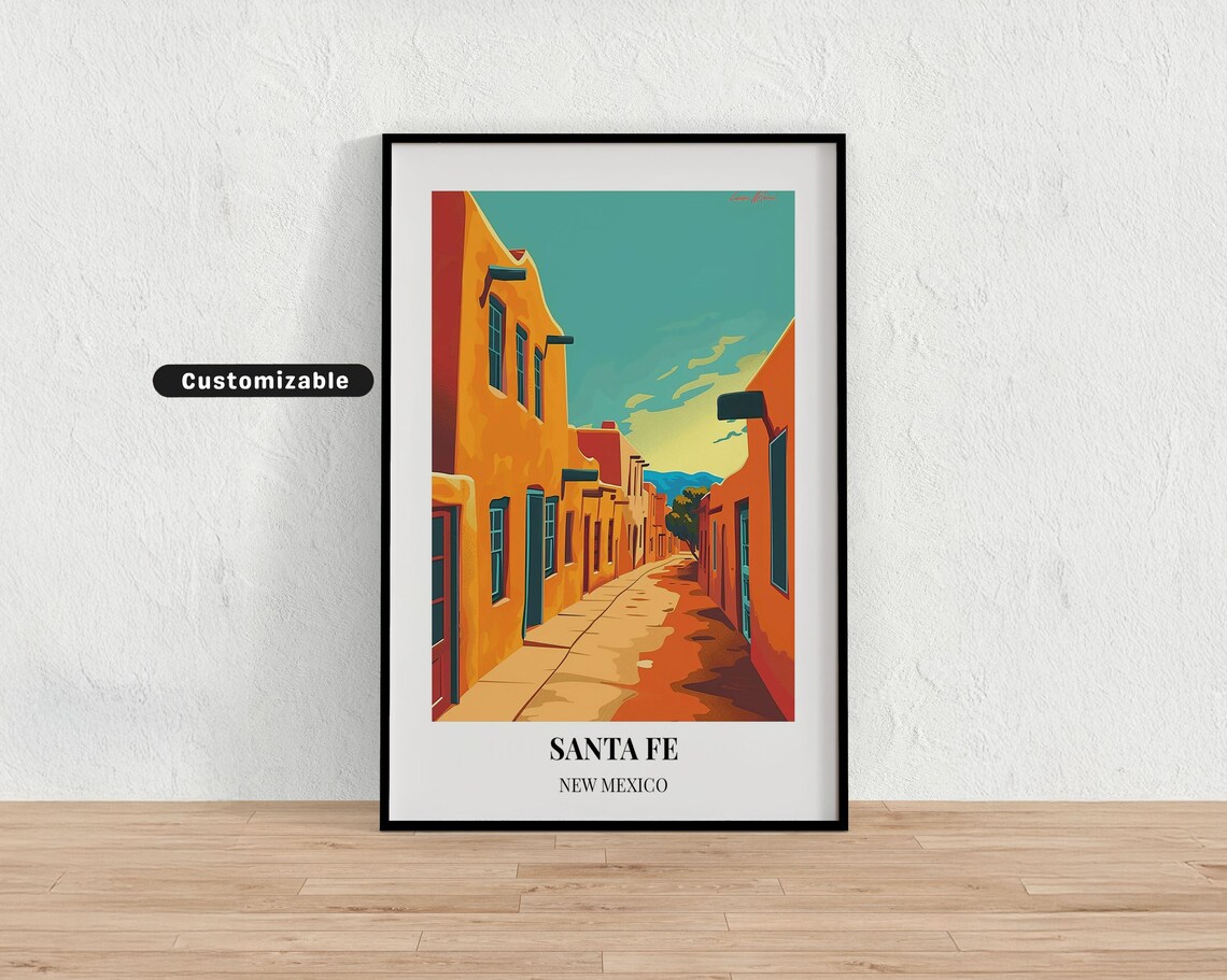Santa Fe New Mexico Adobe Street Warm Sunset Southwestern Travel Poster