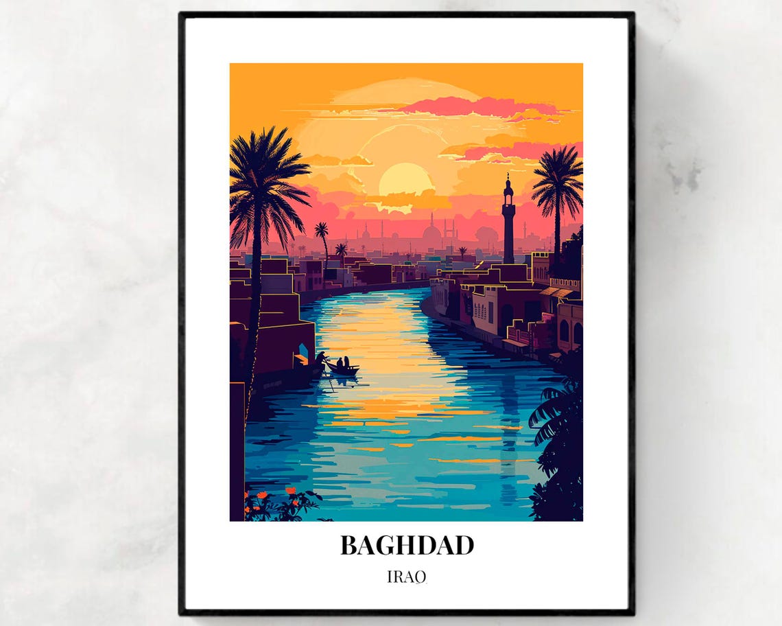Baghdad Iraq Pink Sunset River Palms Minaret Skyline Travel Poster