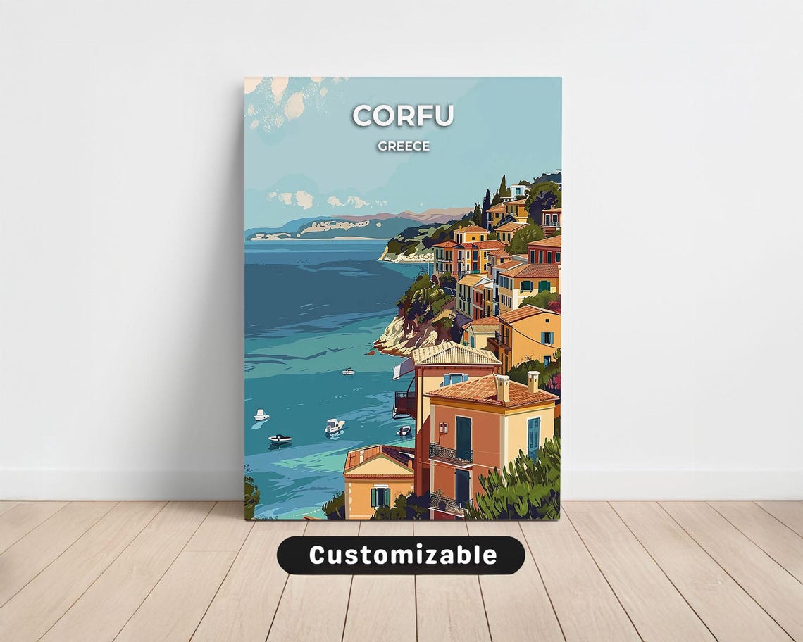 Corfu Greece Cliffside Coast Turquoise Sea Vintage Travel Poster
