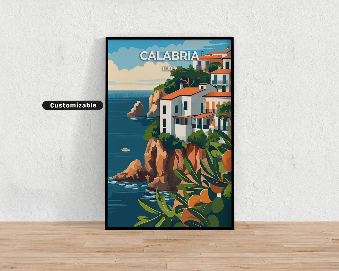 Calabria Italy Cliffside Whitewashed Village Orange Grove Sea Poster