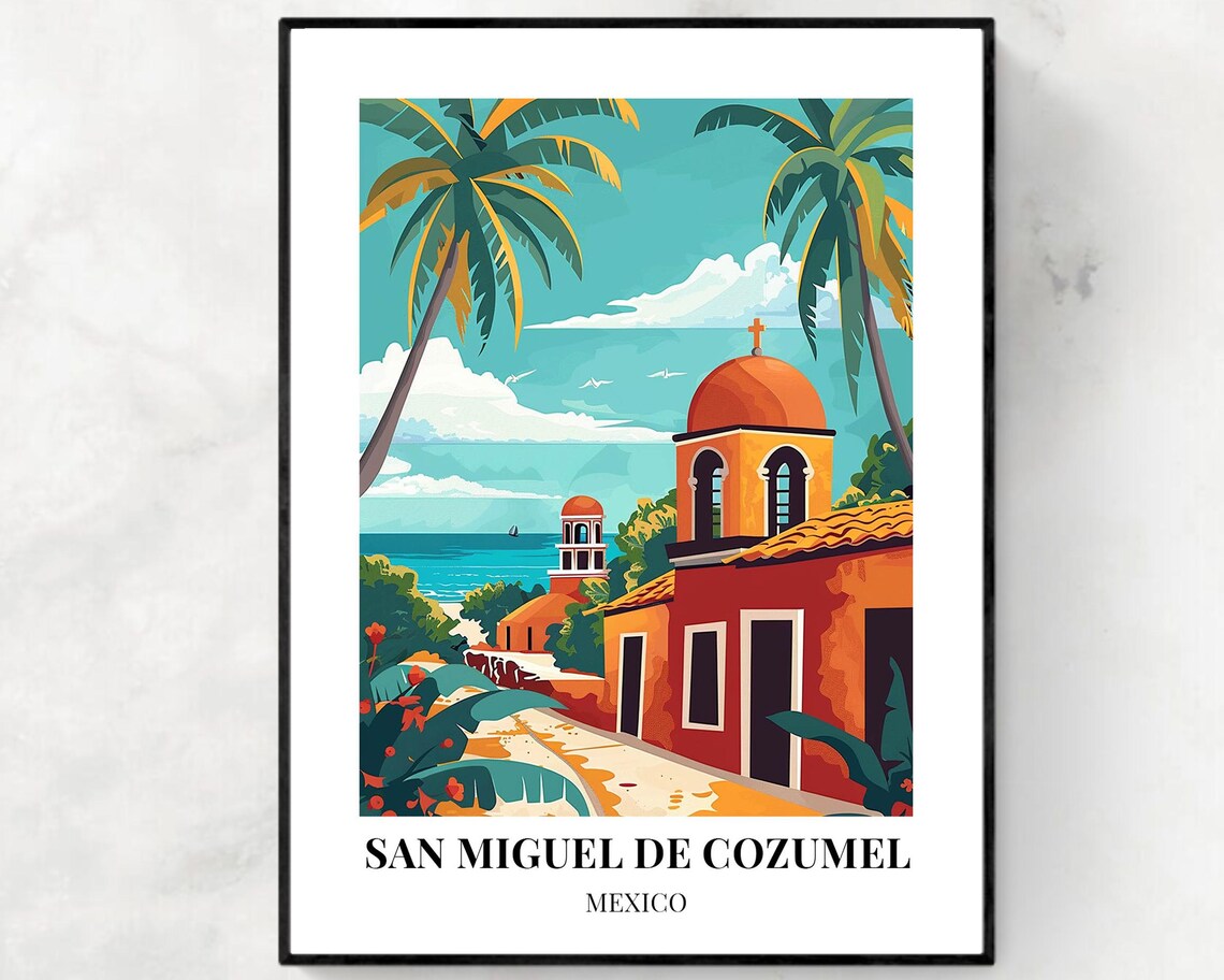 San Miguel de Cozumel Terracotta Church Dome Seaside Travel Poster