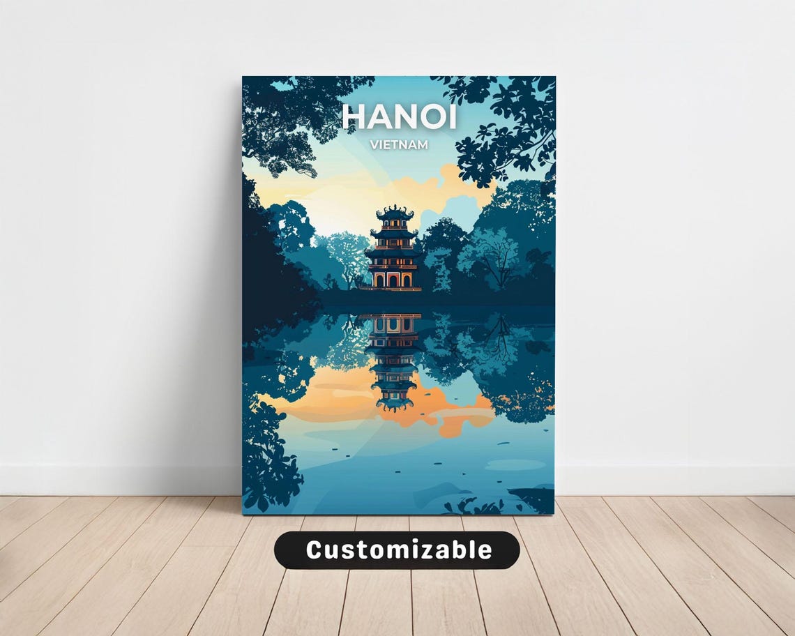Hanoi Vietnam Lake Pagoda Dawn Reflection Custom Travel Poster