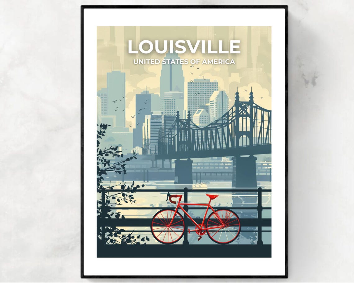 Louisville Kentucky Downtown Skyline Red Bicycle Riverfront Poster