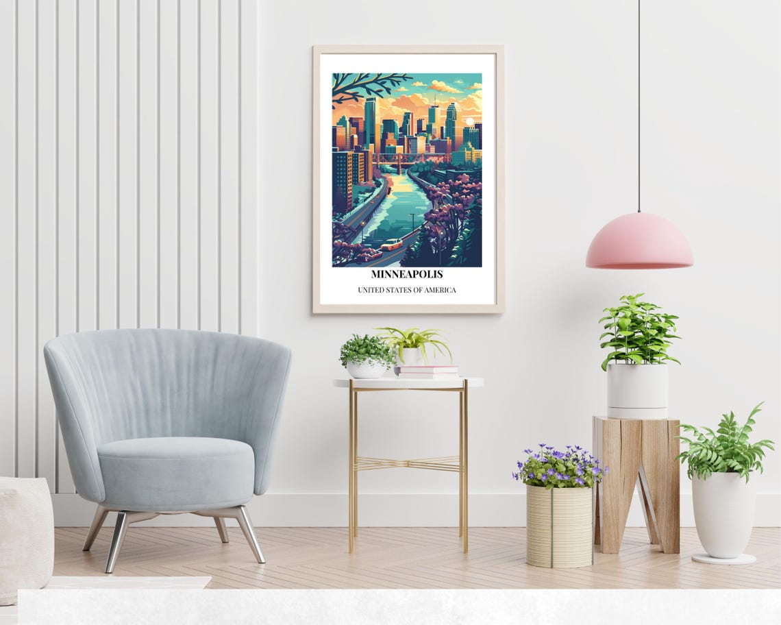 Minneapolis Minnesota Skyline Sunset River Bridge Travel Poster - Image 2