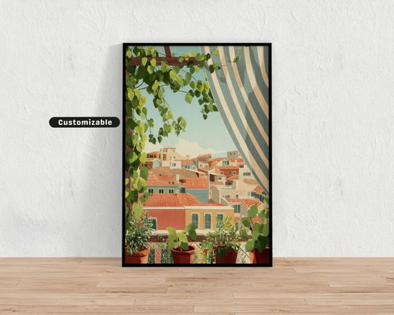 Village Rooftops Seen Through A Striped Curtain And Potted Vines Mediterranean Colorful Wall Art Tropical Illustration Print Modern Bo