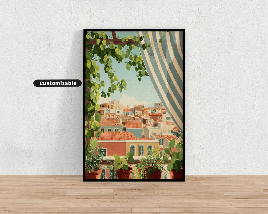 Village Rooftops Seen Through Striped Curtain Balcony View Poster
