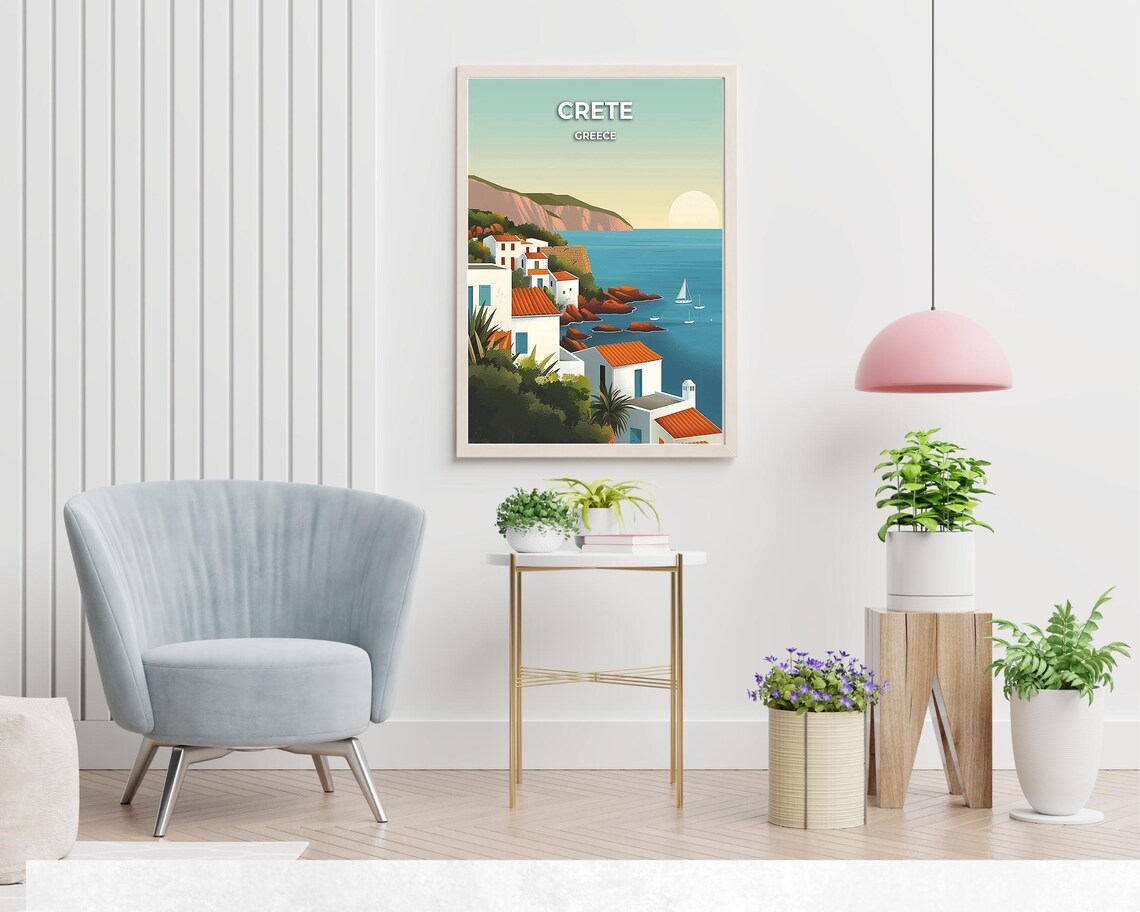 Crete Greece Seaside Village Sunset Travel Illustration Poster - Image 2