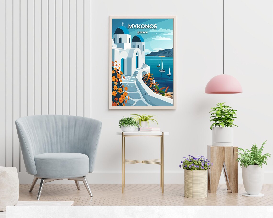 Mykonos Greece Blue Domed Church White Alley Flowers Travel Poster - Image 2