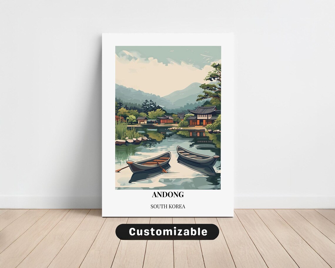 Andong South Korea Lake Boats Traditional Village Travel Poster