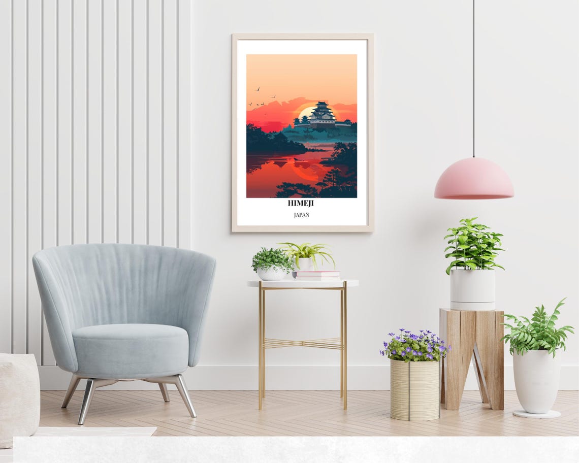 Himeji Japan Castle Fiery Sunset Reflection Evening Travel Poster - Image 2