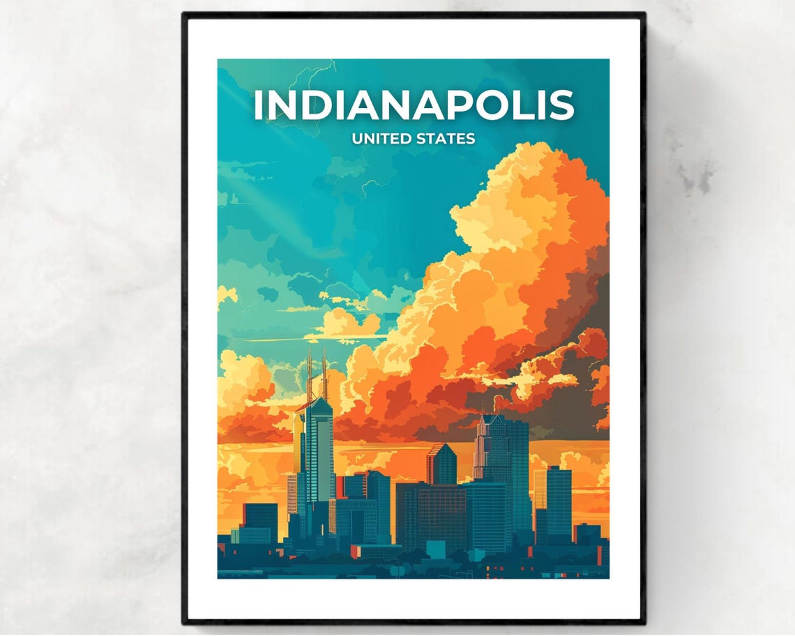 Indianapolis Skyline at Dusk Under Dramatic Orange Clouds Poster