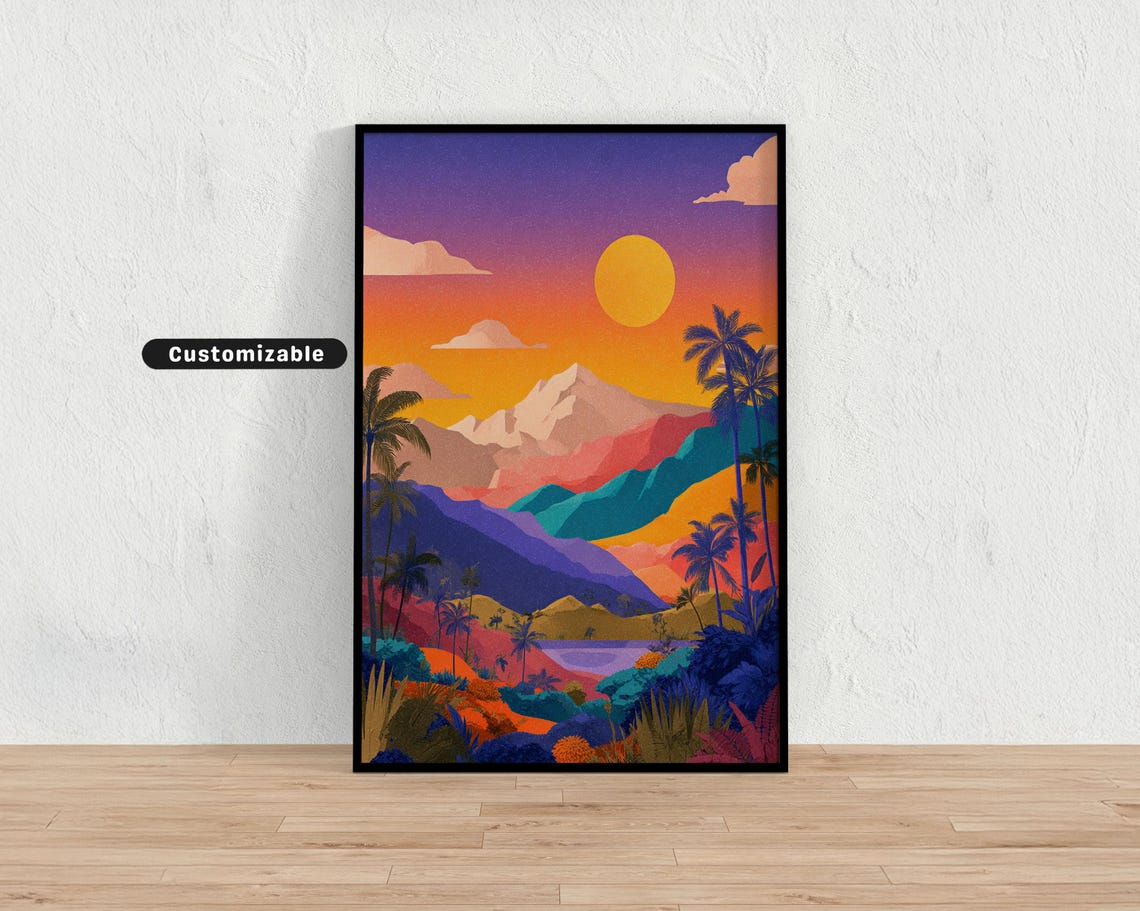 Sunset Behind Geometric Mountains Tropical Landscape Art Poster