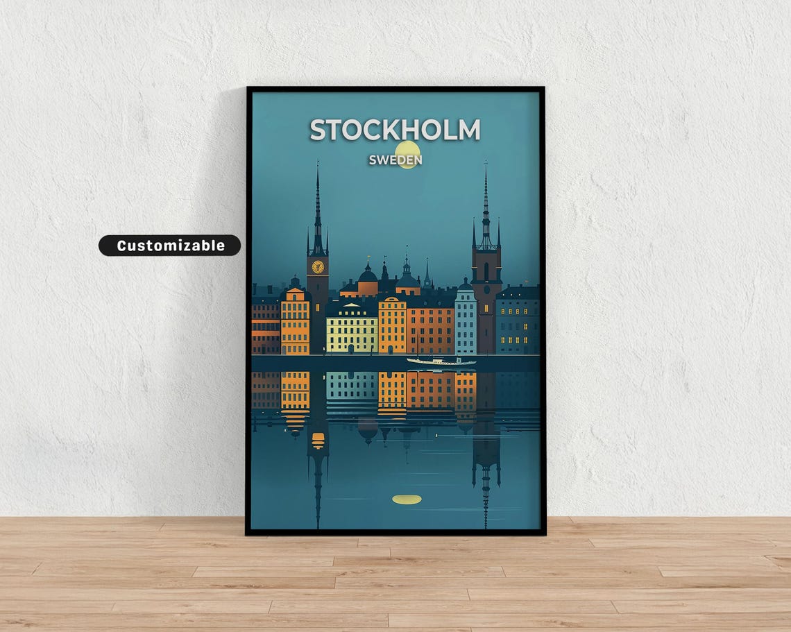 Stockholm Sweden Night City Reflection Customizable Travel Poster