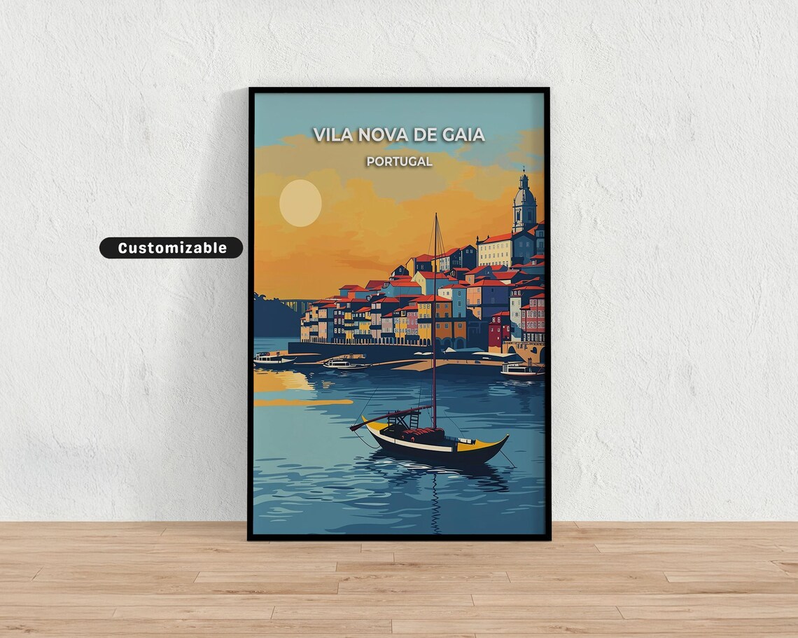 Vila Nova de Gaia Portugal Sunset Waterfront Boat Travel Style Poster