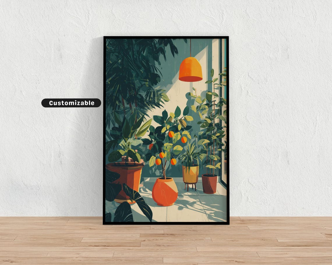 Indoor Houseplants Ceramic Pots Orange Lamp Sunny Room Art Poster